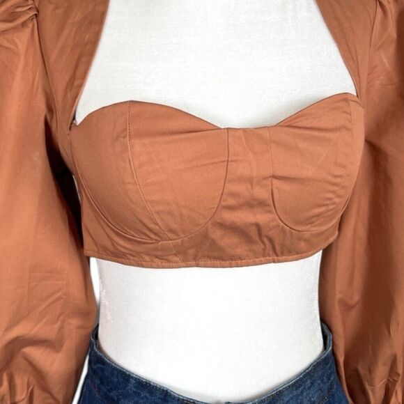Hanifa Kayla Bustier Long Sleeve Crop Top Princess Poof Sleeves Brown NWT 2XS - Picture 8 of 10